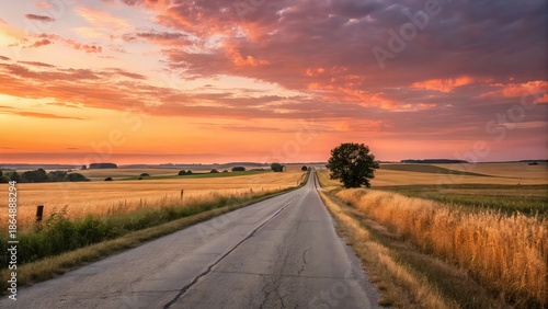 road to the sky, Empty rural road stretching through fields during sunset, warm sky colors, freedom and travel concept