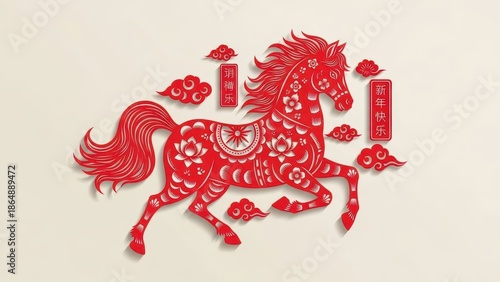 Chinese new year 2026. Red paper cut horse with traditional greetings and intricate floral patterns. Cultural celebration artwork.
