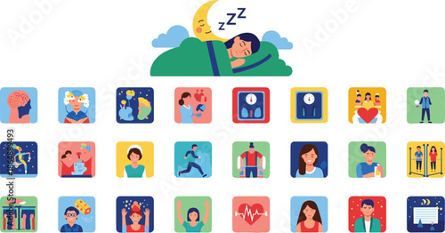 Healthy lifestyle icons collection with sleeping person illustration representing wellness habits self care mental health fitness routines and daily balance concept