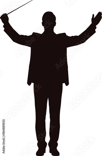 Silhouette of orchestra conductor raising hands with baton isolated on white background music performance leadership illustration concept