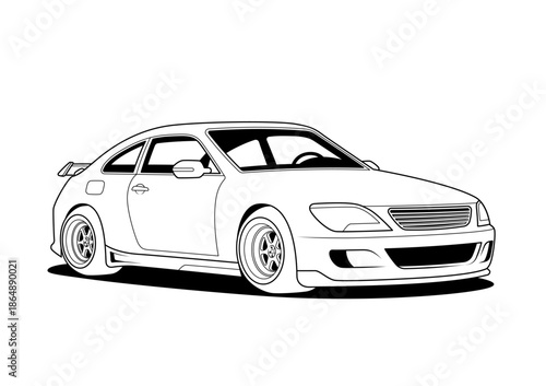 Clean black and white sport coupe car outline with detailed line art, side perspective view, ideal for automotive design, transport themes, branding, and editorial use, scalable vector format.