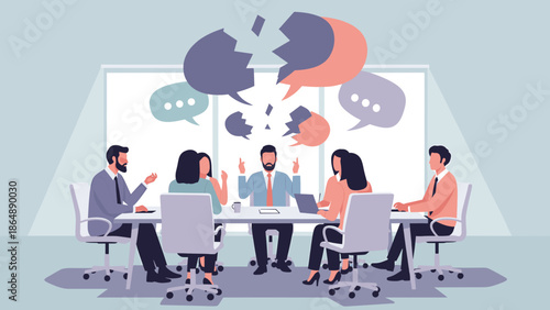 Communication breakdown and intense conflict in a business meeting, with shattered speech bubbles above frustrated professionals at a conference table