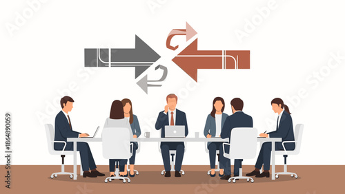 Dynamic business meeting illustrating strategic discussions, negotiation, and collaborative problem-solving among diverse professionals, aiming for impactful decision-making and project success