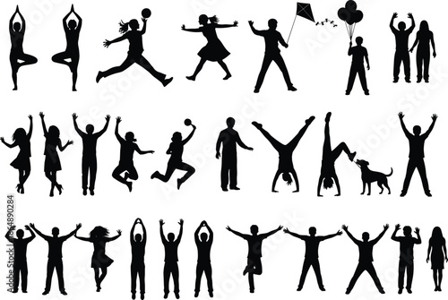 Happy people silhouette set showing joyful jumping dancing yoga playing activities isolated on white background vector collection