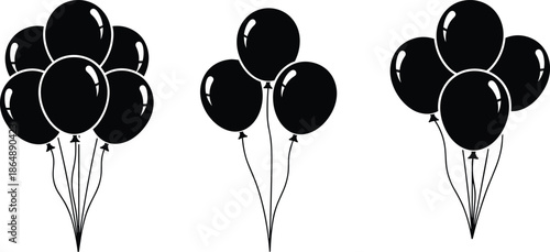 Black balloon silhouette set, party decoration icons for celebration birthday event festival vector illustration isolated on white background design collection