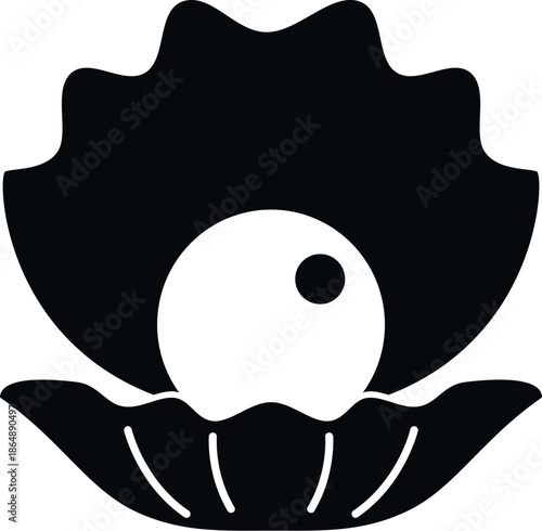 Oyster shell opening, revealing a beautiful pearl inside, creating a simple black and white icon