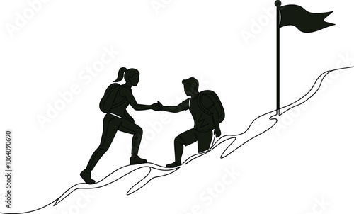Teamwork silhouette of hikers helping each other climb mountain trail toward success goal flag isolated on white background