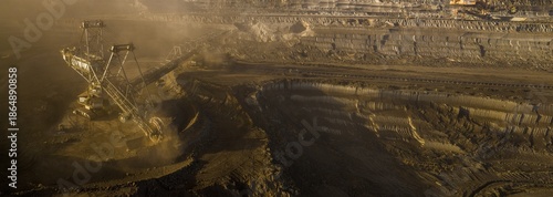 High resolution panoramic view of massive mining machines in an open pit coal mine, surrounded by dust. Powerful industrial scene showing large scale extraction, energy production, and human impact.