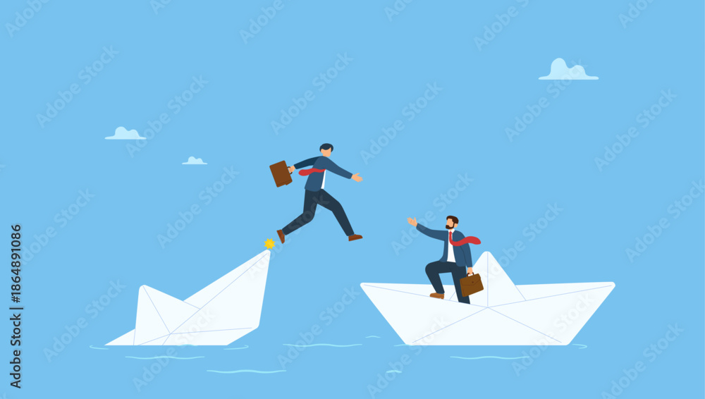 Fototapeta premium Businessman risk their life to help his partner from sinking boat. Trusted business partner to help and support in economic crisis or team and partnership to offer solution.