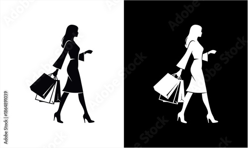 Stylish Woman Silhouette with Shopping Bags Walking Confidently.