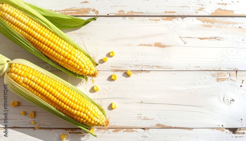 Fresh corn on the cob with yellow kernels laid on a rustic white wooden table surface
