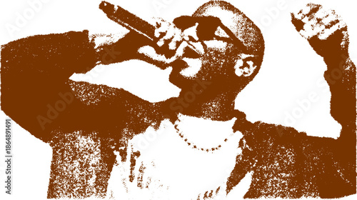 Singer performing with a microphone in a flat vector illustration. Grunge style silhouette artwork in brown for entertainment themes.