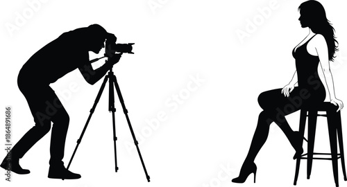 Silhouette photographer capturing elegant female model on stool during professional studio fashion portrait photoshoot isolated on white background