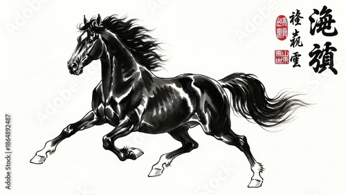 Energetic black horse in sumi e style with chinese characters happy new year 2026 year of horse stamp