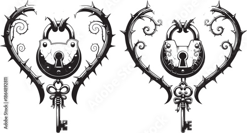 Gothic Heart Frame Made of Thorns with Antique Padlock and Key Vector