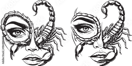Artistic Woman Face with Scorpion Stinger Tattoo Concept Vector Illustration