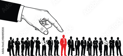Business leadership concept illustration showing executive hand selecting standout red candidate from corporate workforce silhouettes on white background