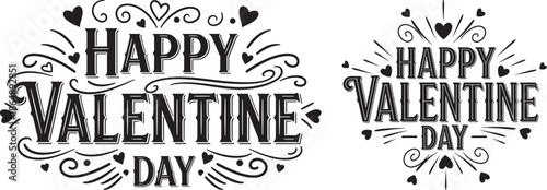 Decorative Happy Valentine's Day Typography Design with Hearts and Swirls