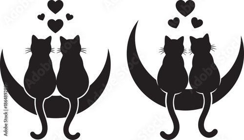 Couple of Cats Sitting Together on a Crescent Moon with Hearts Silhouette