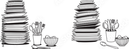 Stacks of Clean Ceramic Plates and Cutlery in a Holder with Small Bowls Kitchenware Line Art Illustration