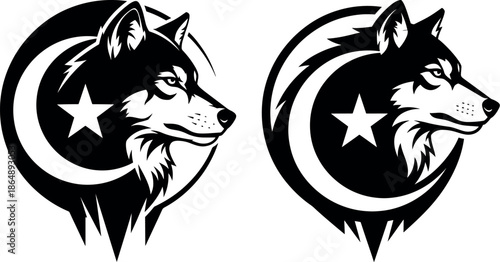 Black and White Wolf Profile with Crescent Moon and Star Symbol Vector Illustration