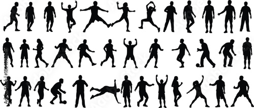 Collection of male sports silhouettes performing dynamic fitness, football and exercise movements, active athlete poses isolated on white background