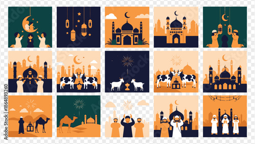 Ramadan Kareem islamic holiday illustrations set