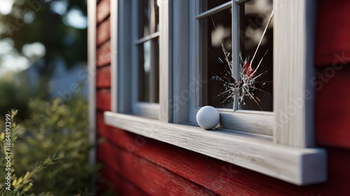 A golf ball is sitting on a window sill in front of a red house. The window is broken and the ball is stuck in the broken glass. The scene is dark and moody, with the broken window