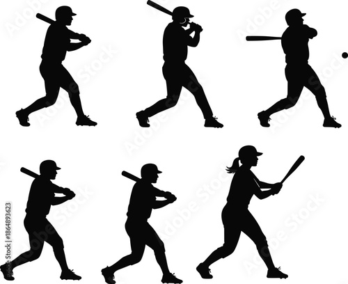 Baseball and softball batting player silhouettes set showing different swing actions isolated on white background vector design