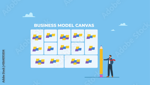 Smart businessman holding pencil after finish writing business model canvas. Writing business model, entrepreneur plan for starting new business, present or brainstorm to get success ideas.