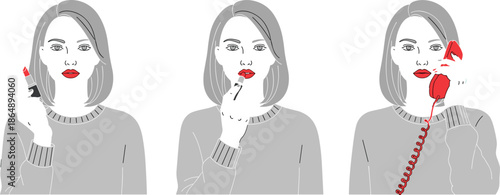 Modern woman illustration showing beauty routine with lipstick application and phone call, minimal fashion concept with red accents isolated on white background