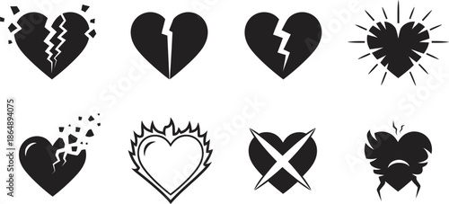 Valentines day broken hearts collection 8 unique black and white heart illustrations for valentine's day