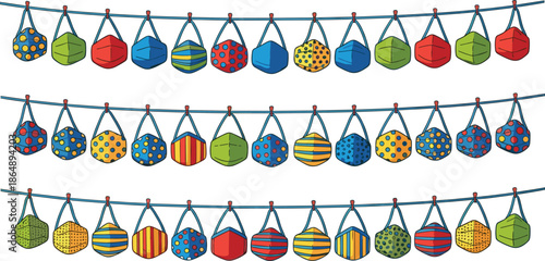 Colorful hanging face mask collection with various patterns showing medical, fabric and decorative designs isolated on white background