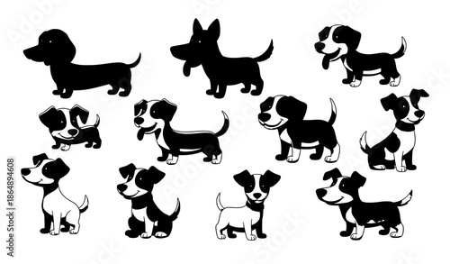 Funny cartoon puppies and dogs vector illustration set with happy pet characters