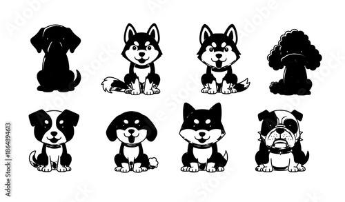 Playful chibi cartoon dog breeds sitting flat vector illustration for pet designs