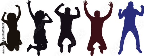 Group of joyful people silhouettes jumping with raised arms expressing success, freedom, teamwork and celebration isolated on white background