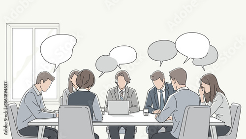 A diverse group of professionals engaged in a productive brainstorming session around a conference table, with speech bubbles indicating active communication and idea exchange