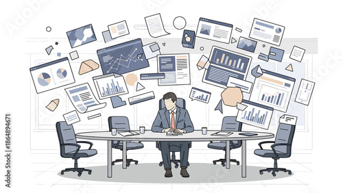 Business concept of a stressed businessman overwhelmed by data and charts in a meeting room, representing information overload and the demands of modern work