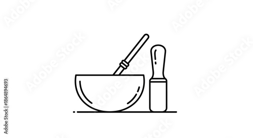 Minimalist line art drawing of mortar and pestle bowl for crushing ingredients in kitchen or laboratory use for pharmacy.