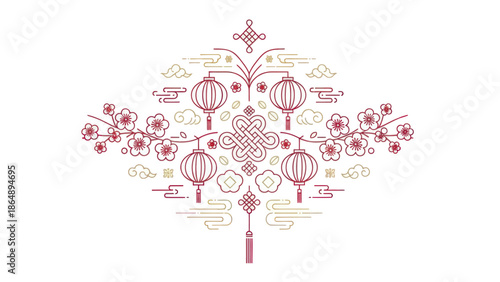 Decorative Chinese Lantern Tree Illustration.