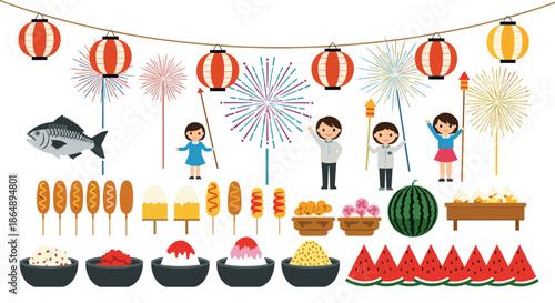 Large collection of Japanese summer festival elements including street food, lanterns, people, and vibrant fireworks.