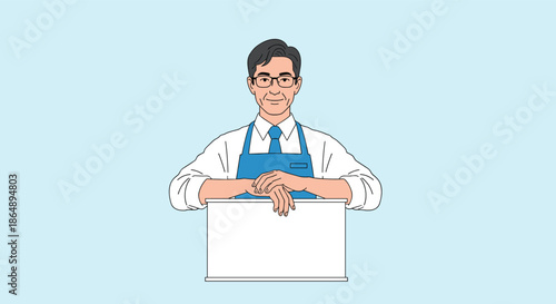 Friendly shop worker wearing blue apron and glasses leaning on white counter in bright retail store environment.