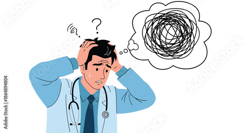 Stressed male doctor wearing stethoscope holding his head in hands with tangled thought bubble for mental health.