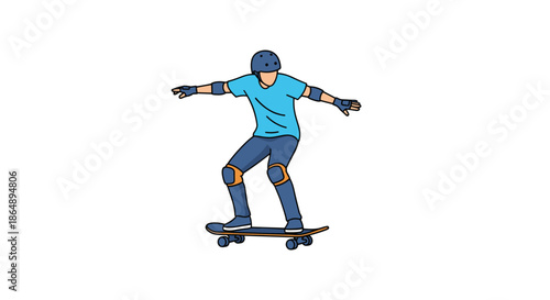 Active person wearing protective helmet and pads while riding skateboard for outdoor sports and recreational fun.