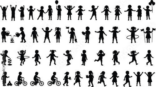 Large collection of happy children silhouettes showing playing, running, dancing, cycling, holding balloons, childhood activities isolated on white background