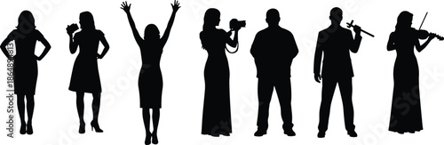 Professional people silhouettes showing creative occupations including photographer, videographer, musician, business man and woman poses isolated on white background
