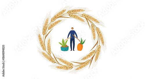 Tiny gardener figure watering potted plant inside circular frame of golden wheat stalks for agricultural concept.