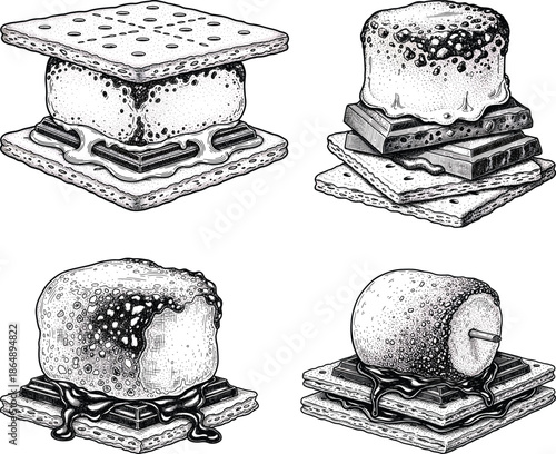 Classic American Smores Dessert Set Engraving Illustration Toasted Marshmallow Chocolate Graham Crackers Food