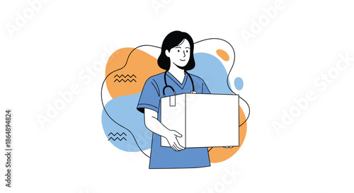 Female nurse in blue uniform holding large white cardboard box against abstract colorful background for delivery.