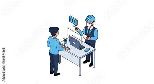 Isometric office scene showing worker in blue hard hat discussing project with female colleague behind desk.